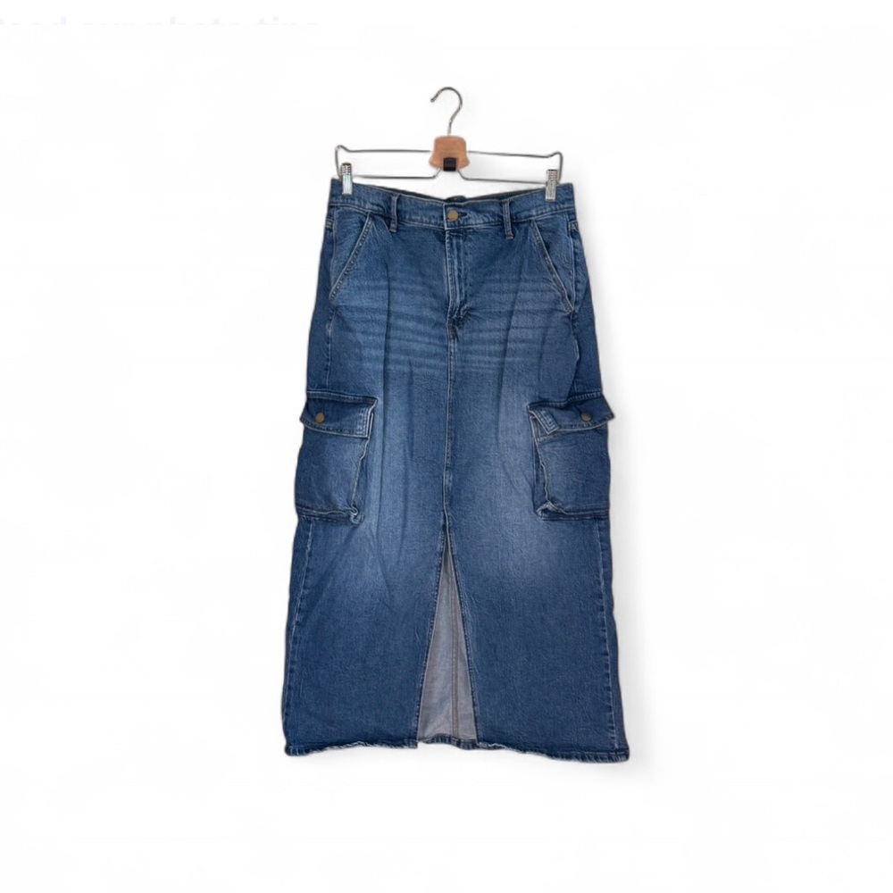 a.n.a High-Rise Blue Medium Wash Denim Cargo Maxi Skirt Pockets Front Slit 10